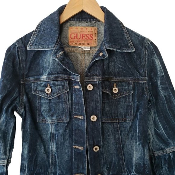 Guess denim jacket undone raw hem flared sleeve dark wash sz S - Picture 3 of 8